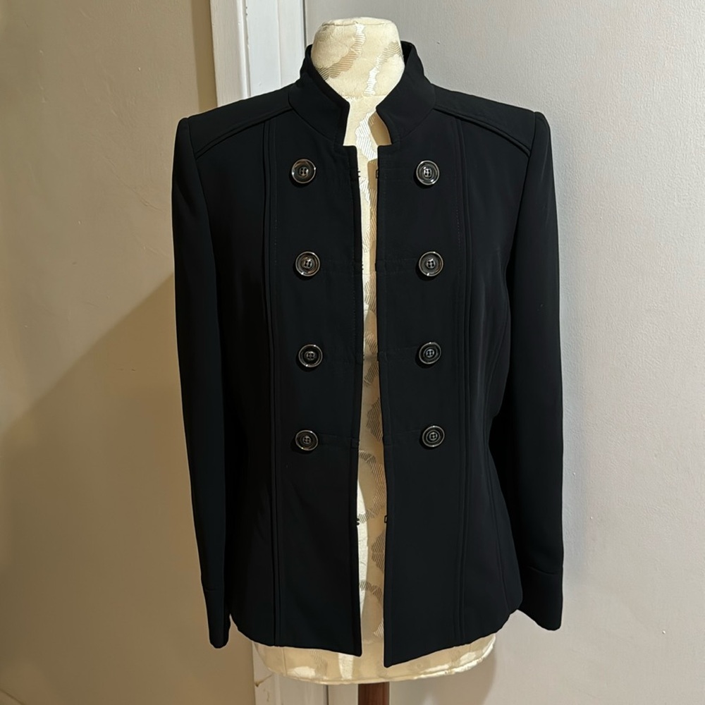 Tahari Arthur S Levine Black Jacket Mandarin Collar Large Buttons Hook Eye